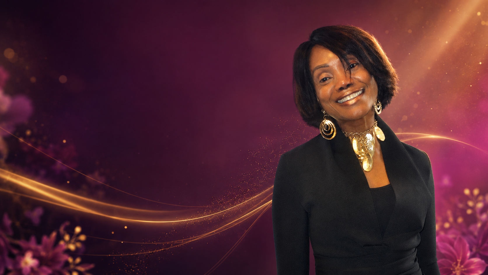 Dr. Karen Hutchins smiling, in black with gold jewelry, framed by purple florals and gold light